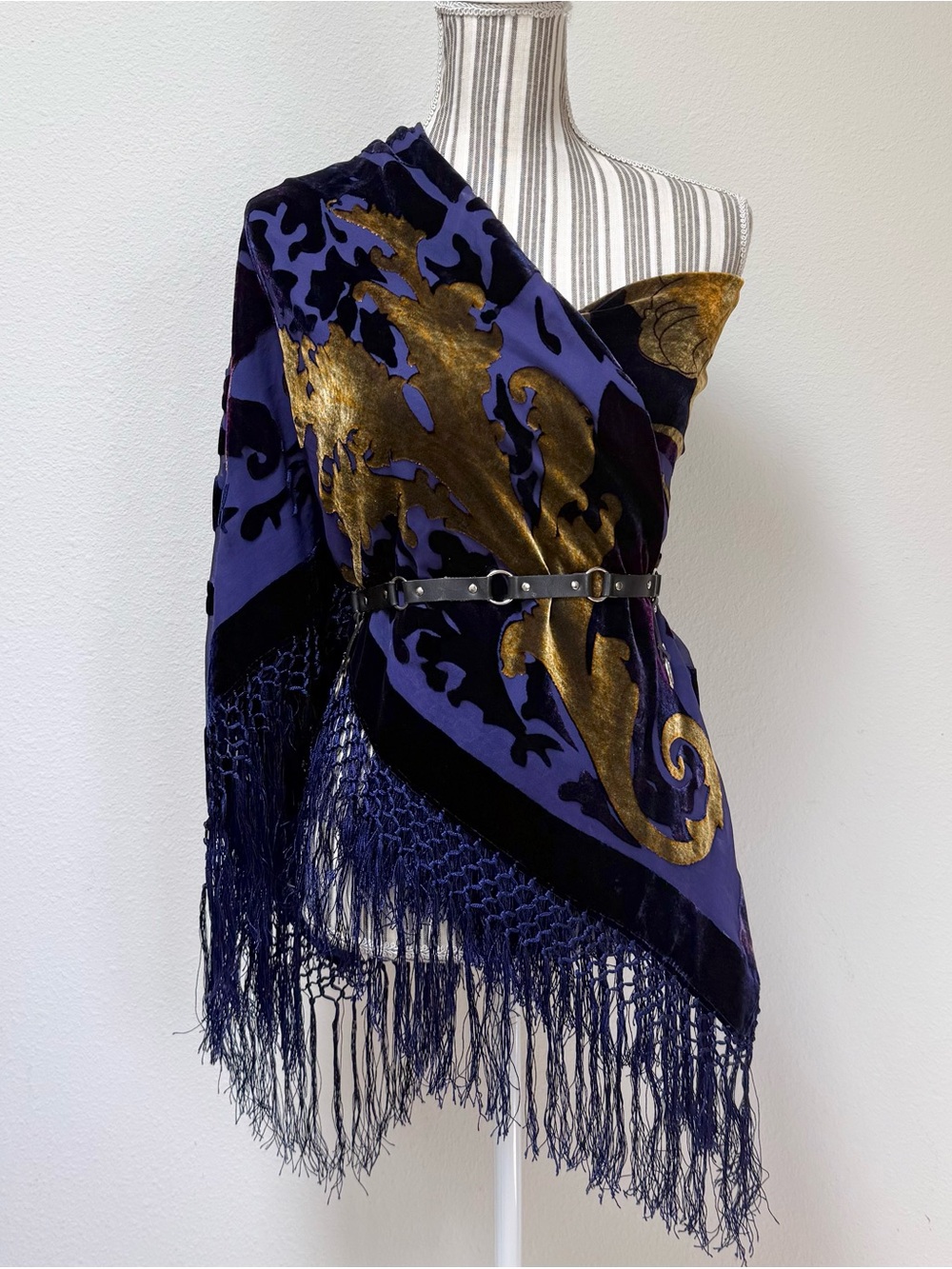 Vintage Silk Rayon Burnout Fringe Shawl Wrap Purple Gold Whimsygoth Scarf